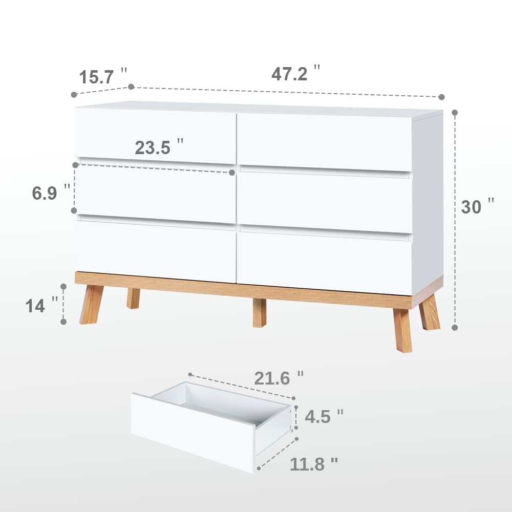 White Dresser for Bedroom 6 Drawer Double Dresser Chest of Drawers Large Storage