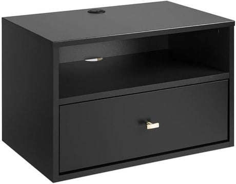 Prepac Transitional 1 Drawer Floating Nightstand with Open Shelf, Wall Mounted Nightstand, Contemporary Bedroom Furniture, 15"D x 22.5"W x 14.5"H, Black