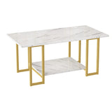 Coffee Table, Gold Base for Living Room-Faux Marble Rectangle Tabletop