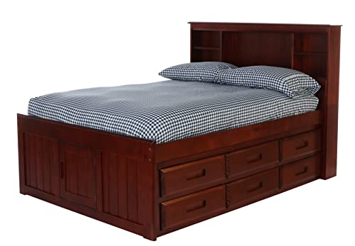 Model 82821K6-22 Solid Pine Full Captains Bookcase Bed with 6 Drawers in Rich Merlot