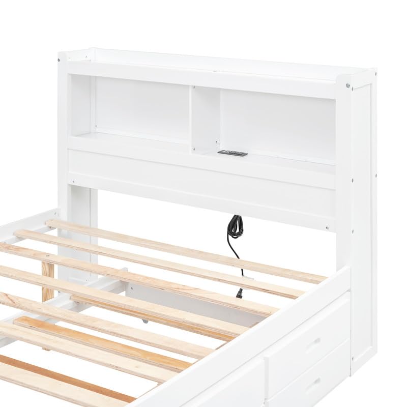 Size Daybed with Storage Headboard, Trundle and 2 Drawers, Built-in USB Plugs, Full Bed