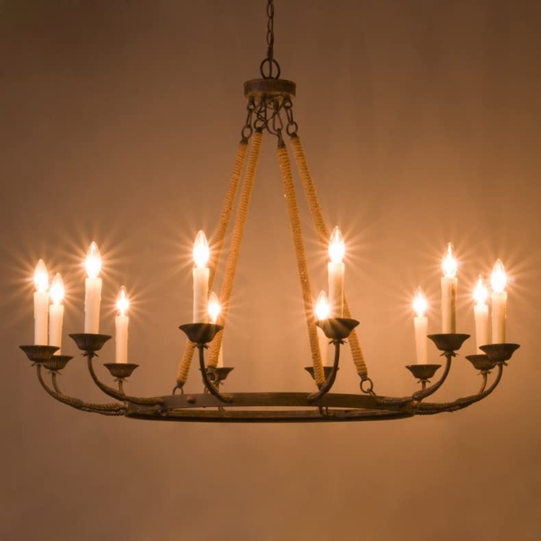 LOVEDIMA Vintage Chandeliers for Dining Room 12-Light Ceiling Light Fixture Flaxen Hemp Rope and Metal Rustic Round Candelabra Chandelier in Rust