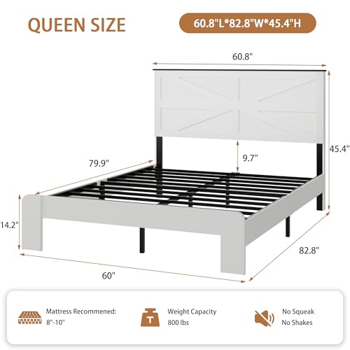 Queen Size Farmhouse Wooden Bed Frame with Headboard - White
