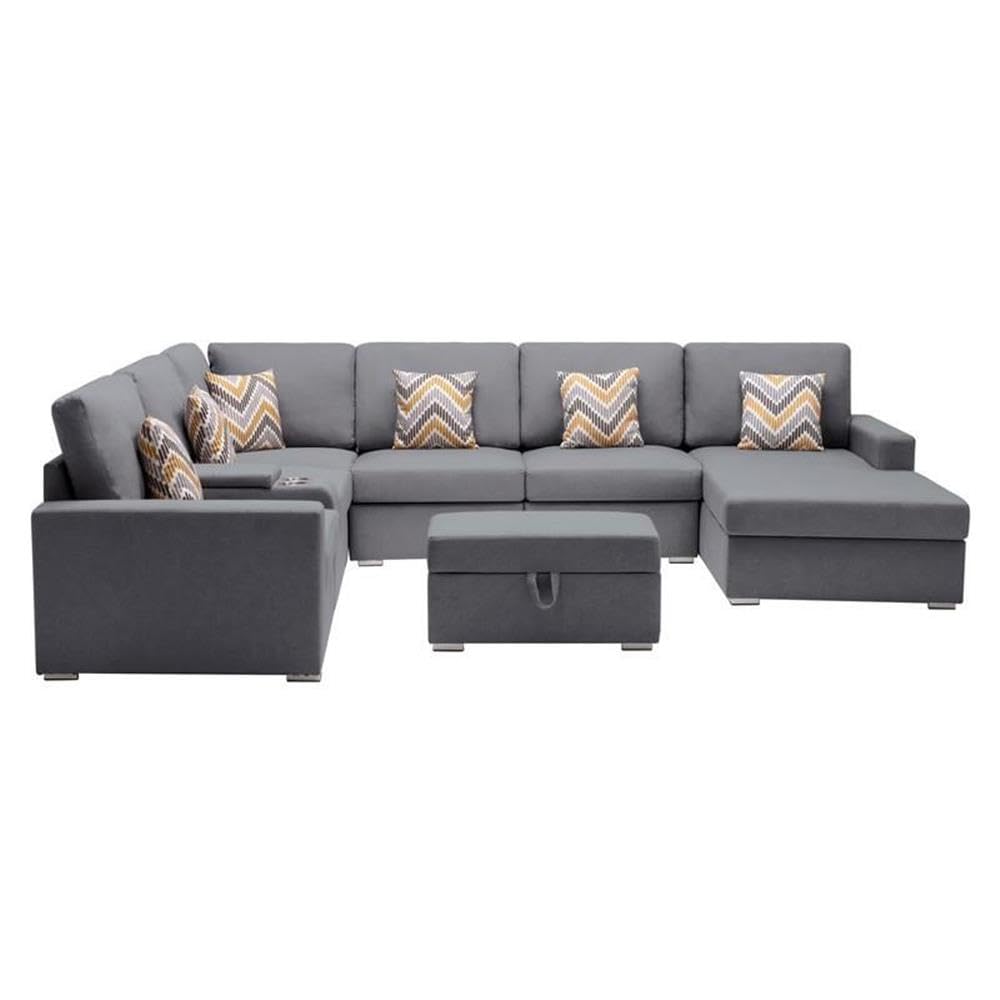 Nolan Gray Linen Fabric 8Pc Reversible Chaise Sectional Sofa