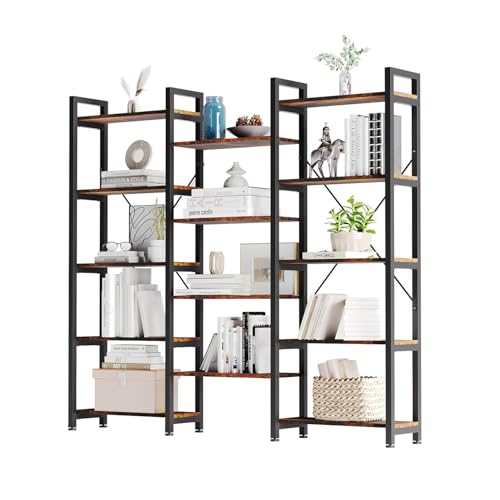 Triple Wide 5 Tier Bookshelf, Rustic Industrial Style Bookcases with 14 Open Display Shelves, Modern Tall Bookcase Furniture for Bedroom, Living Room and Home Office, Rustic Brown