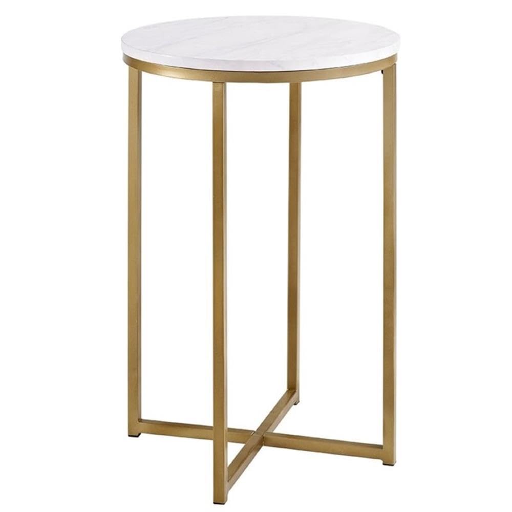 Cora Modern Faux Marble Round Accent Table with X Base, 16 Inch, Marble and Gold