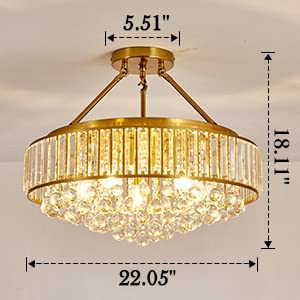 6-Light Modern Large Crystal Chandelier Gold Metal E26 Semi Flush Mount Round Ceiling