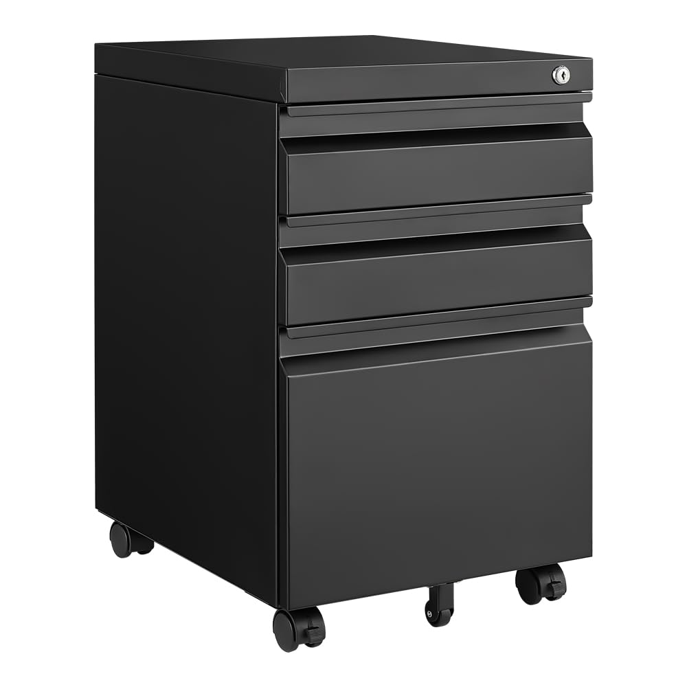 3 Drawer Mobile File Cabinet with Lock, Black Vertical File Cabinet