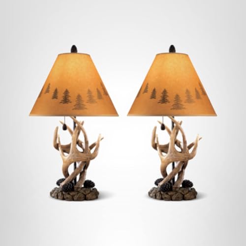 Rustic Antler Table Lamp Set - 2 Pack Brown Cabin Style