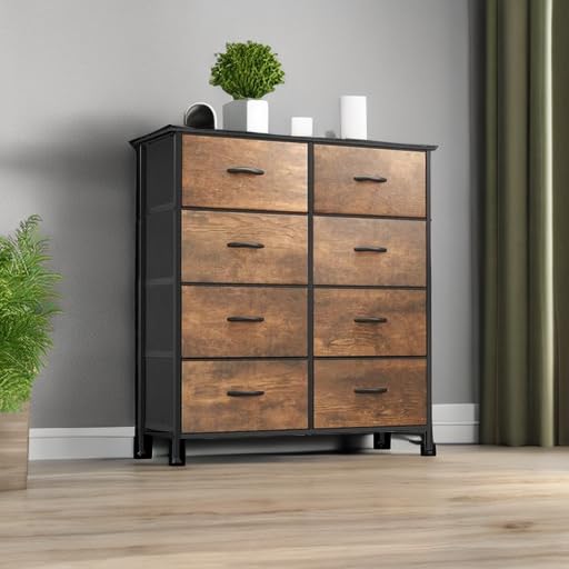 Fabric Dresser for Bedroom, Tall Storage Dresser with 8 Drawers, Rustic Dresser & Chest of Drawers