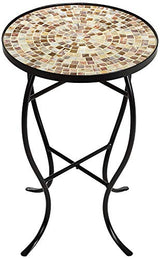 Teal Island Designs Mother of Pearl Modern Black Metal Round Outdoor Accent Side Table 14" Wide Natural Mosaic Tile Tabletop Gracefully Curved Legs for Spaces Porch Patio Home House Balcony Deck - Bircata