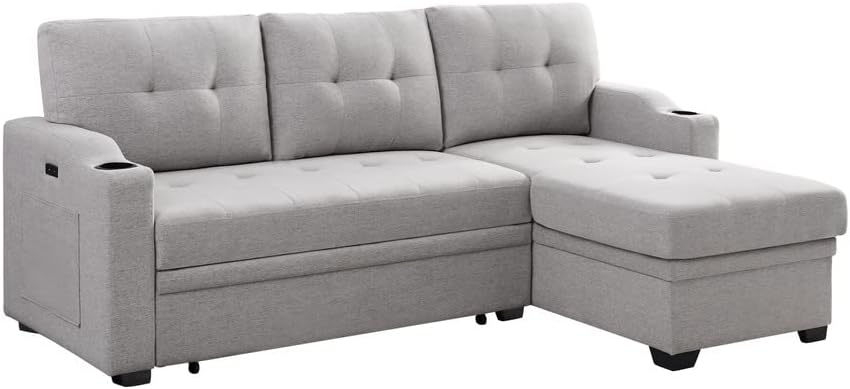 FANYE Linen Upholstery Tufted Sofa&Couch,L-Shaped Corner Reversible Sleeper Sectional Sofa Couch Sofabed w/Storage Chaise,Cupholders, USB Charging Port and Pockets for Living Room Furniture Set