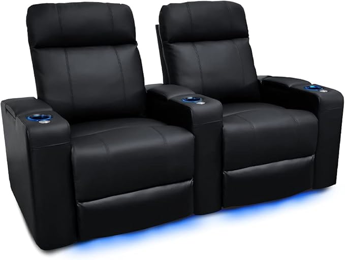 Theater Seating | Premium Top Grain Nappa 9000 Leather, Power Recliner, Power Headrest, LED Lighting (Row of 3, Black)