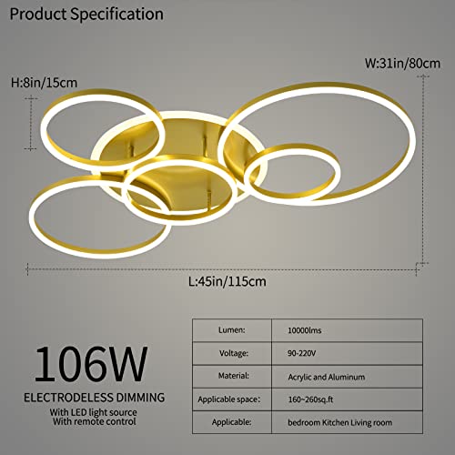 Modern LED Ceiling Light Gold Dimmable 5 Rings Flush Mount Ceiling Light Fixtures