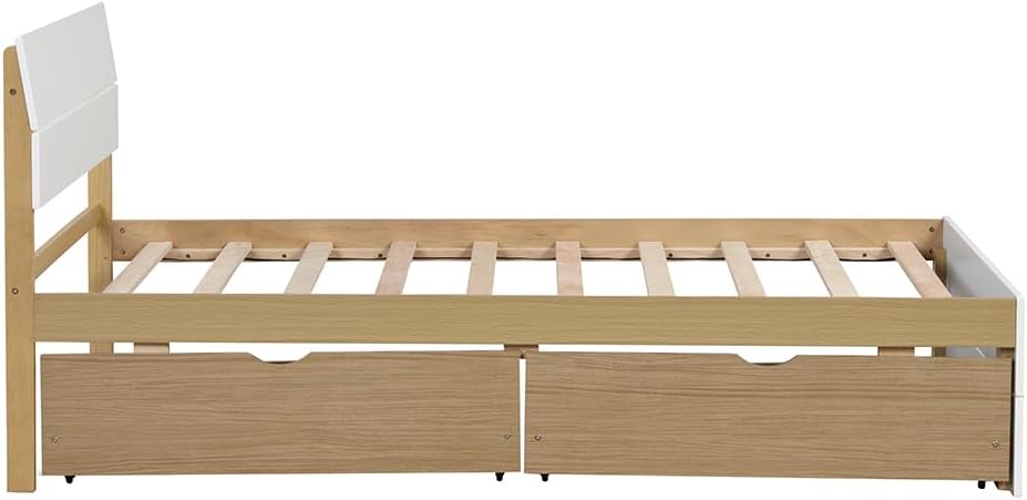 Bed Frame, with 2 Drawers, White High Gloss Headboard Footboard, No Spring Box Needed,