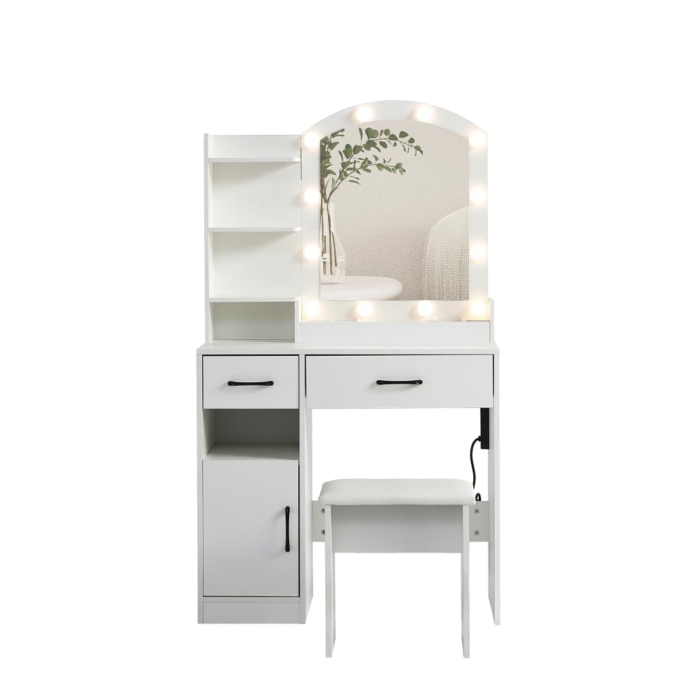 Thirtdos Vanity Desk Set Including Table with Large Lighted Mirror,3 Color Lighting Modes Adjustable Brightness, Dressing Table with 2 Drawers, Storage Cabinet and upholstered Stool, White