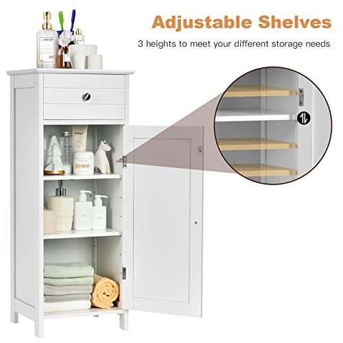Floor Storage Cabinet, Bathroom Freestanding Side Storage Organizer, Single Door Floor Storage Cabinet w/Drawer & Adjustable Shelves,