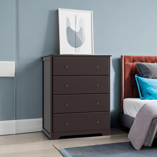 Dresser, 4 Drawer Dressers Chests of Drawers, Modern Tall Dresser, Wood Drawer Chest Storage