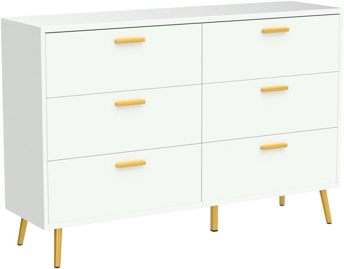 Homsee 6 Drawer Double Dresser Storage Chest of Drawers, Wood Dresser Chest with Gold Metal Legs for Bedroom, Living Room & Hallway, White (54”L x 15.6”W x 30.1”H)