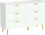 Homsee 6 Drawer Double Dresser Storage Chest of Drawers, Wood Dresser Chest with Gold Metal Legs for Bedroom, Living Room & Hallway, White (54”L x 15.6”W x 30.1”H)