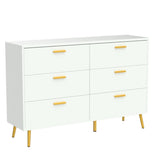 Homsee 6 Drawer Double Dresser Storage Chest of Drawers, Wood Dresser Chest with Gold Metal Legs for Bedroom, Living Room & Hallway, White (54”L x 15.6”W x 30.1”H)