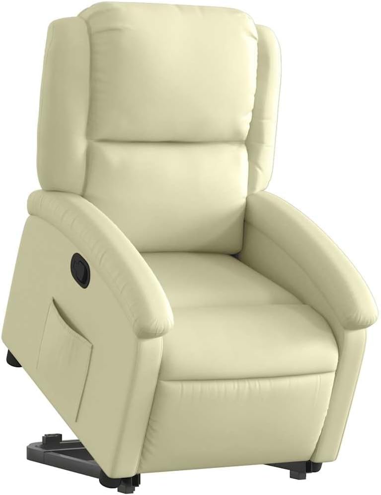 Recliner Chair - Cream Real Leather, Manual Reclining, Easy Stand-Up Function, Comfortable Seating for Elderly, Solid Frame, Convenient Side Pocket