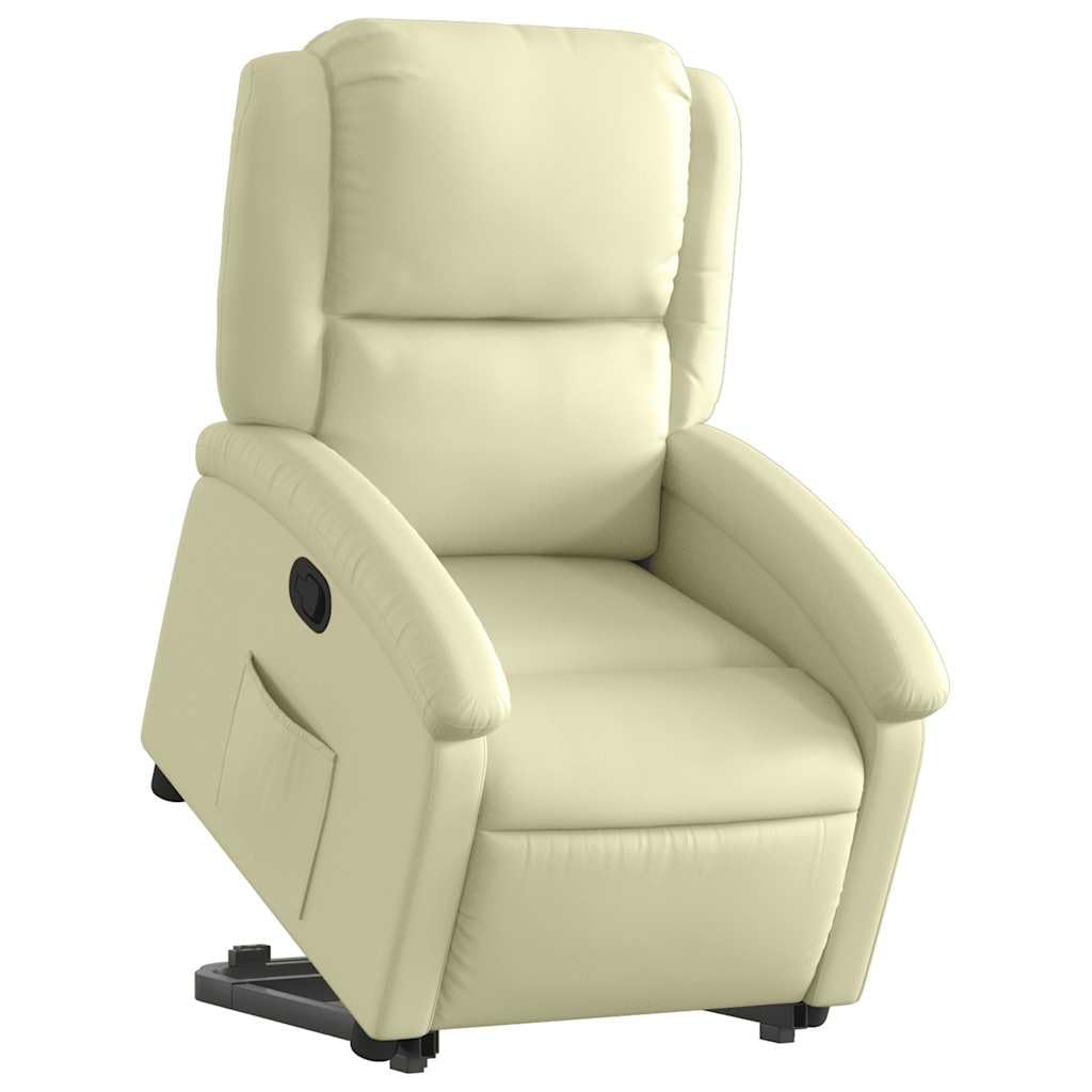 Recliner Chair - Cream Real Leather, Manual Reclining, Easy Stand-Up Function, Comfortable Seating for Elderly, Solid Frame, Convenient Side Pocket