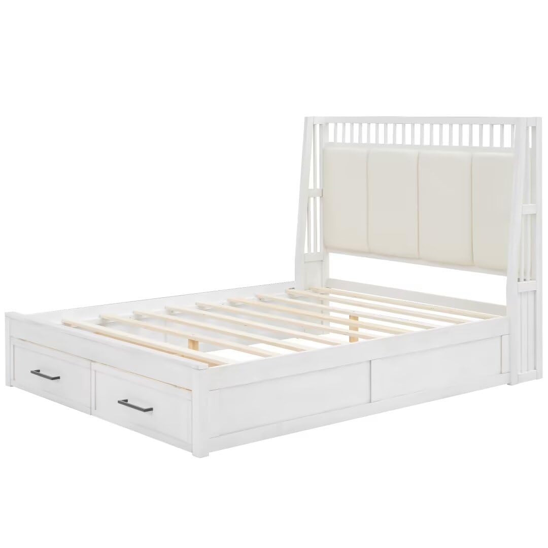 JIJIWANG Queen Size Wood Platform Bed with Upholstered Headboard and 2 Drawers, Antique White