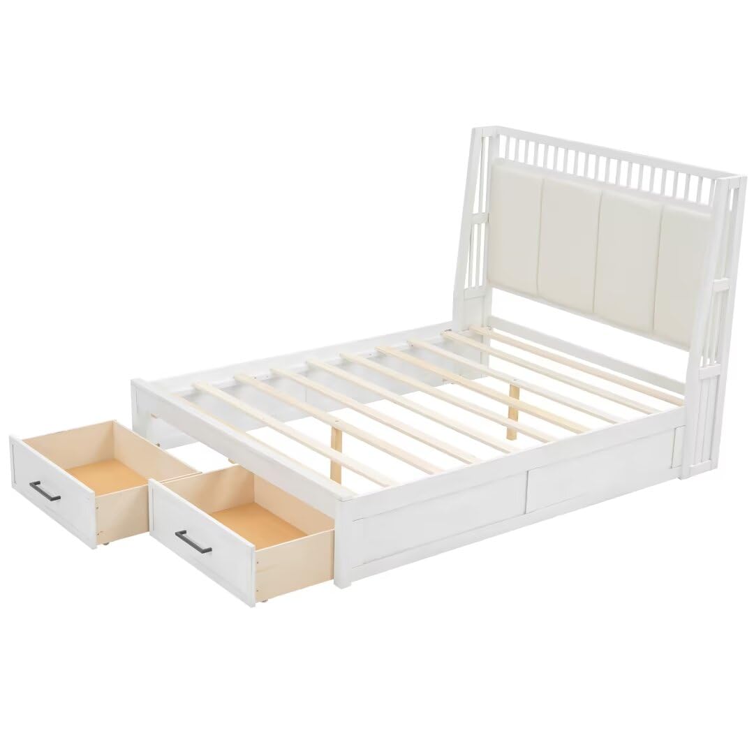 JIJIWANG Queen Size Wood Platform Bed with Upholstered Headboard and 2 Drawers, Antique White