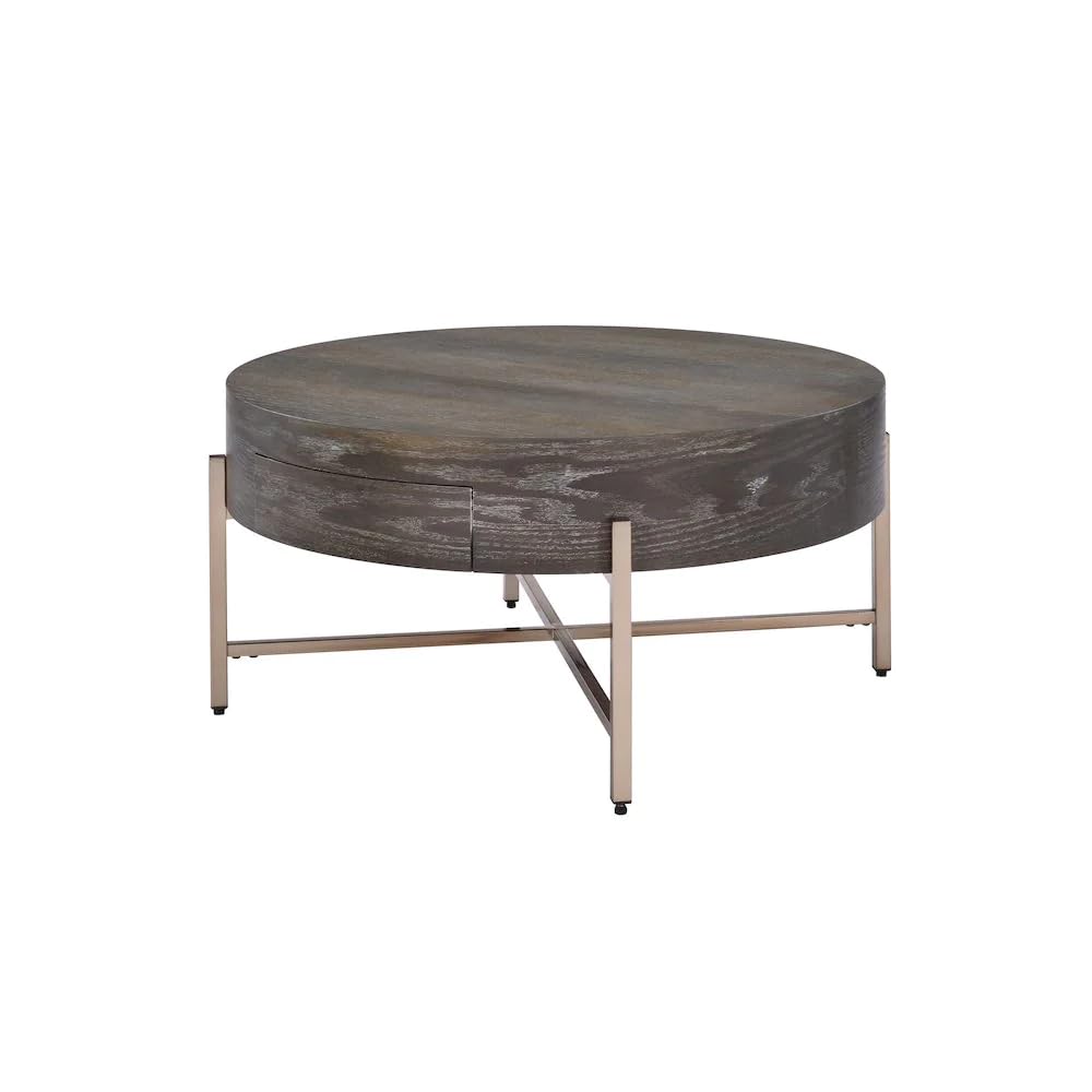 Weyton 1-Drawer Round Wooden Top Coffee Table in Light Brown and Champagne
