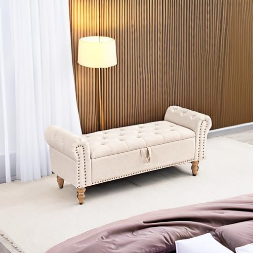 51” Storage Bench, End of Bed Bench with Button-Tufted Large Upholstered Storage Ottoman Linen Window Bench with Storage Shoe Cabinet Bench, for Bedroom, Entryway, Closet, Beige