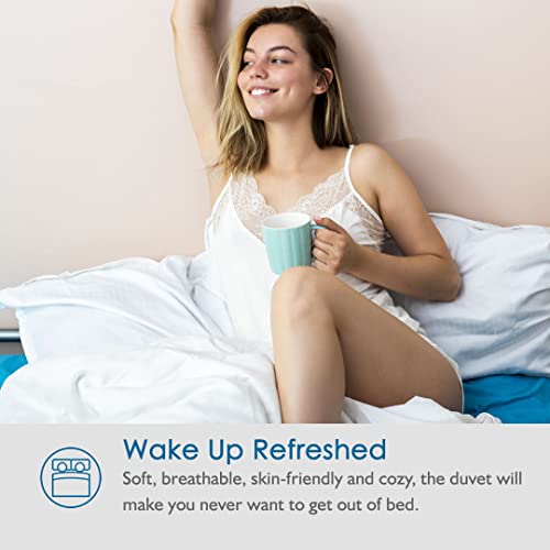 Dafinner Organic Feathers Down Comforter Queen Size | Geometric All Season Duvet Insert | 100% Cotton, Medium Warm Down Blanket or Stand-Alone Comforter with Corner Tabs (90x90, White)