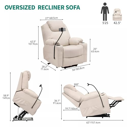 Modern Power Lift Chair Electric Recliner with Phone Holder Heated Vibration Massage Sofa Remote Overstuffed Ergonomic USB Port Elderly Oversized Large Home Elastic Foam PU Leather Metal