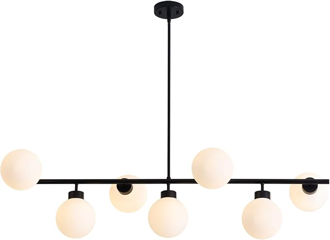 Modern Linear Chandelier Black Hanging Pendant Light with Milky White Glass Globe Lampshade Mid Century Sputnik Pendant Light Fixture for Kitchen Island Dining Room 16 Lights