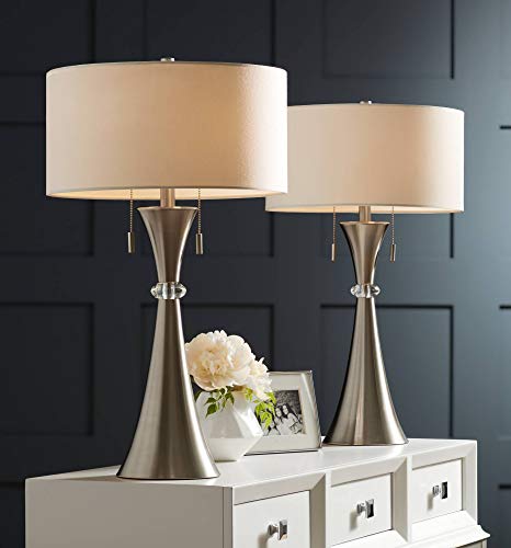 Rachel Modern Art Deco Table Lamps 28" Tall Set of 2 Concave Column Hourglass Silver