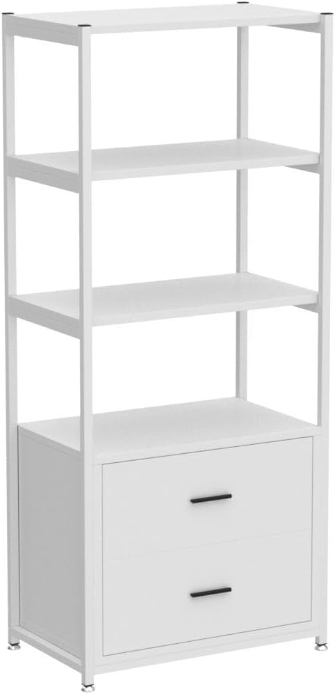 , 4-Tier White Bookshelf with 2 Drawers, Etagere Standard Book Shelves Display Shelf for Home Office (White)