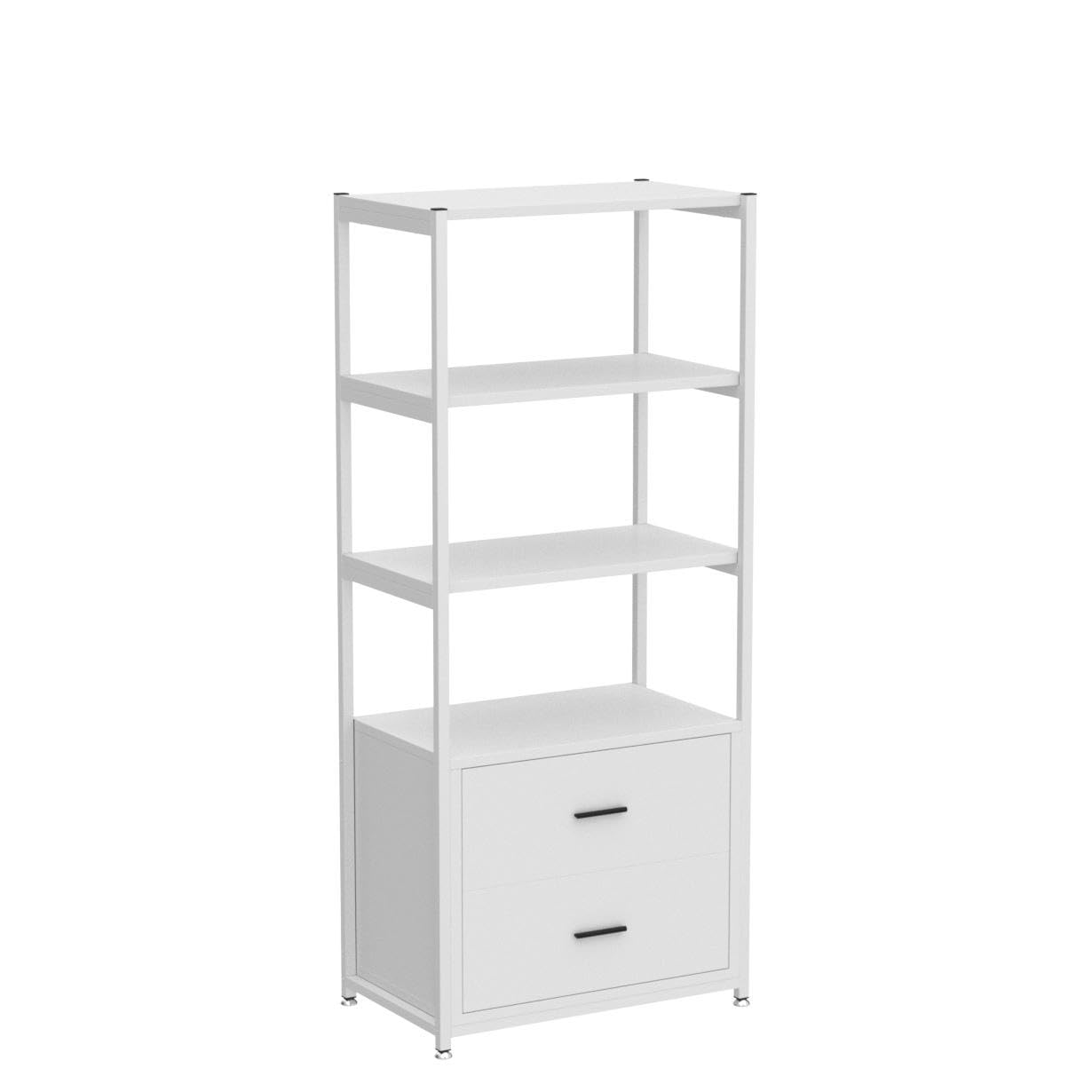 , 4-Tier White Bookshelf with 2 Drawers, Etagere Standard Book Shelves Display Shelf for Home Office (White)