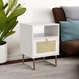 Rattan Nightstand,Modern Boho Farmhouse Wood Bedside Table with Storage Drawer and Open Shelf,Small Gold Frame Side End Table for Bedroom,Living Room,Office(White)