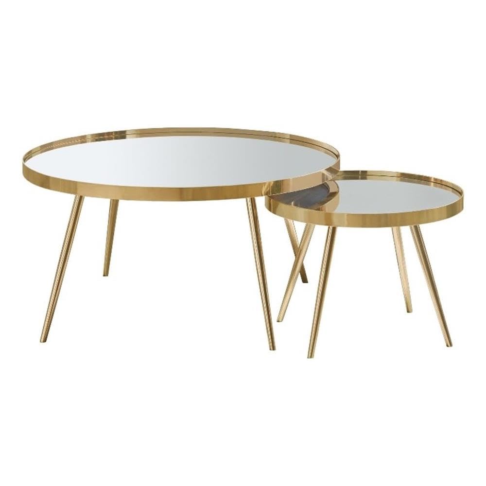 Metal 2-Piece Mirror Top Nesting Coffee Table Mirror and Gold
