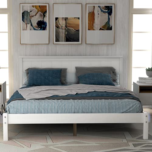 Rustic Style Wooden Bed with Wood Slat Support, No Box Spring Needed, Full Size, White