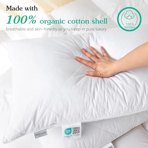 White Goose Feather Bed Pillows Queen/Standard Size Set of 2- Soft 600 Thread Count 100% Cotton