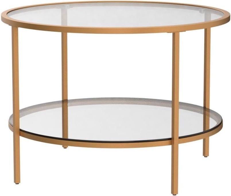 25.6" Round Gold Coffee Tables for Living Room, 2-Tier Glass Top Coffee Table