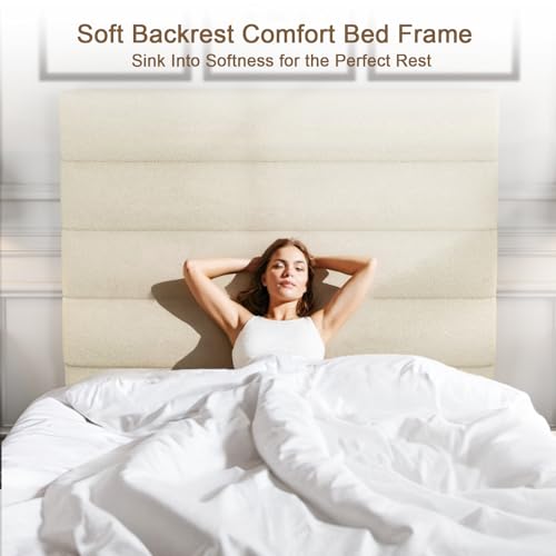 Tall Headboard Bed Frames, 61.1" Queen Size Bed Frame with Cashmere Upholstered,