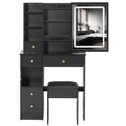 Desk with Sliding Mirror and Lights, Small Vanity Table with 5 Drawers & Cushioned Stool,