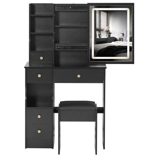 Desk with Sliding Mirror and Lights, Small Vanity Table with 5 Drawers & Cushioned Stool,