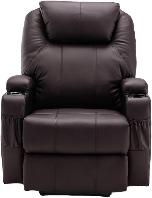 HomeRoots 33" Brown Faux Leather Power Heated Massage Lift Assist Recliner