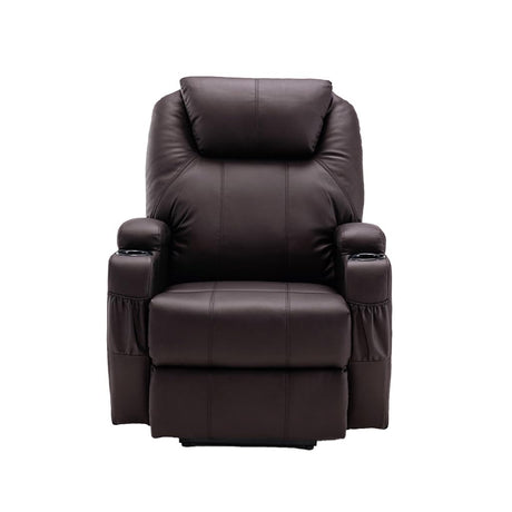 HomeRoots 33" Brown Faux Leather Power Heated Massage Lift Assist Recliner