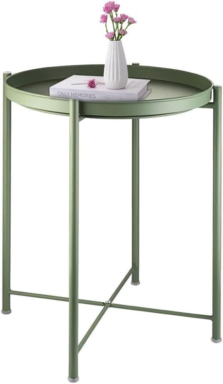 End Table，Folding Round Metal Side Table Waterproof，Round End Table with Removable