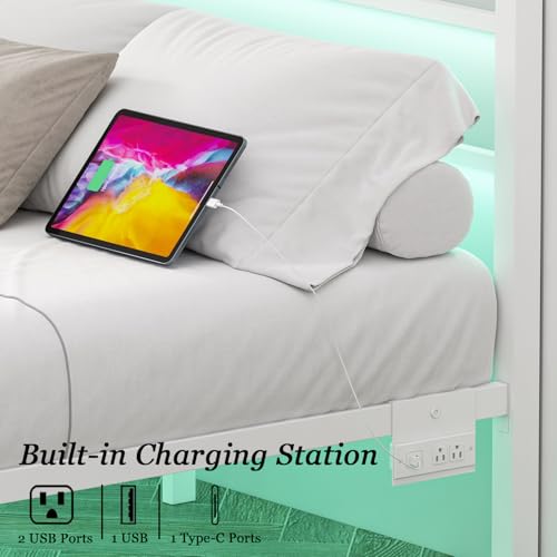 Full Size Metal Bed Frame with LED Lights & Charging Station - White