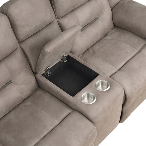 Traditioanl Abilene Tan Manual Console Loveseat Recliner Sofa, 160° Degree Recline, Living Room, Brown